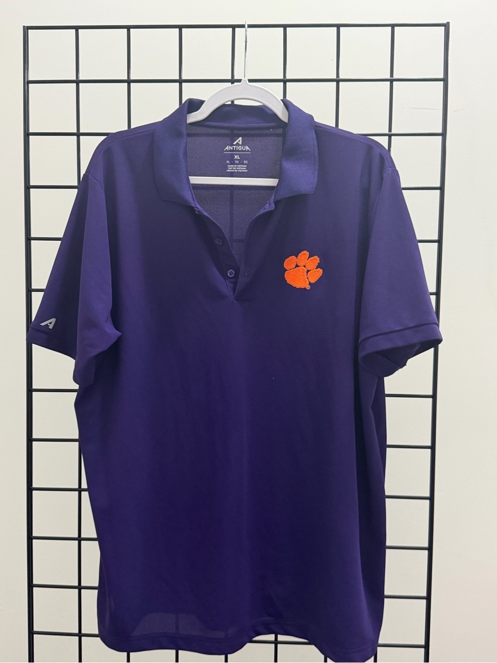 Antigua Men’s Purple Polo with Clemson Paw Logo